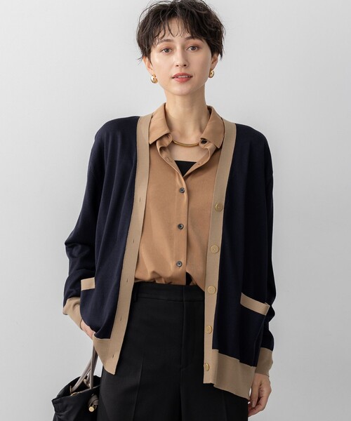 【ブラック2】バイカラーVネックカーディガン カーディガン bicolor stitch cardigan /Vネックバイカラーステッチ