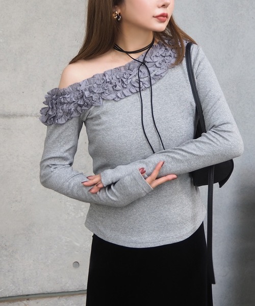 tシャツ frill neck one shoulder tops /フリルネックワンショルダー