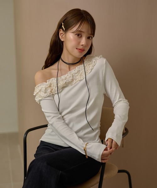 tシャツ frill neck one shoulder tops /フリルネックワンショルダー