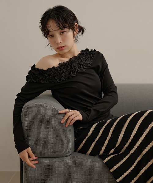 tシャツ frill neck one shoulder tops /フリルネックワンショルダー