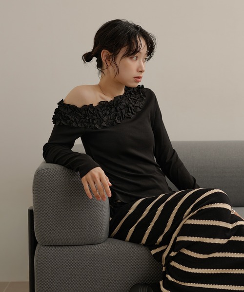 tシャツ frill neck one shoulder tops /フリルネックワンショルダー
