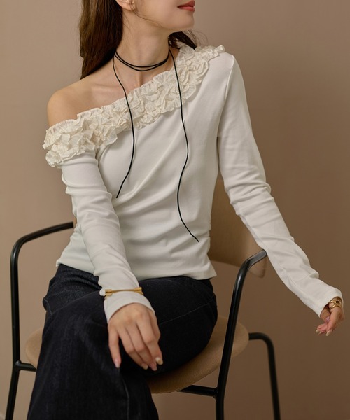 tシャツ frill neck one shoulder tops /フリルネックワンショルダー