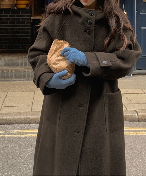 LUCPY コート アウター ウールライクフードロングコート レディース