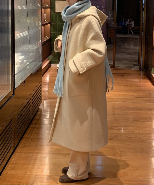 LUCPY コート アウター ウールライクフードロングコート レディース