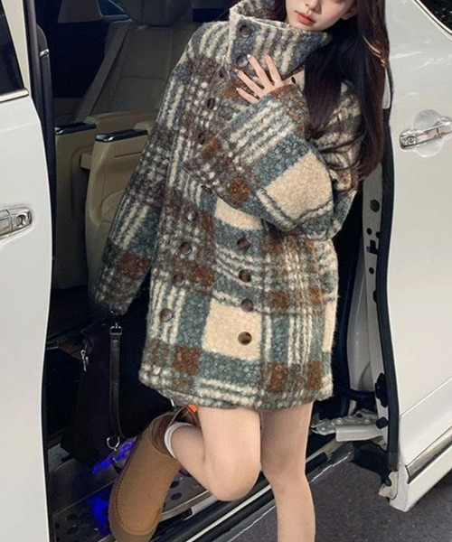 現行／極美品◎チルコロ ピーコート ダブルブレスト チェック プリント ジャージ Ritomo De Ricco ピーコート pコート チェックぬくぬくダブルブレスト