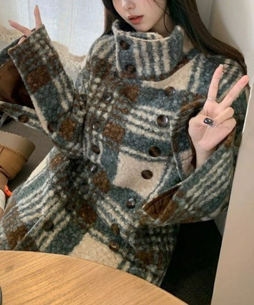 Ritomo De Ricco ピーコート pコート チェックぬくぬくダブルブレスト