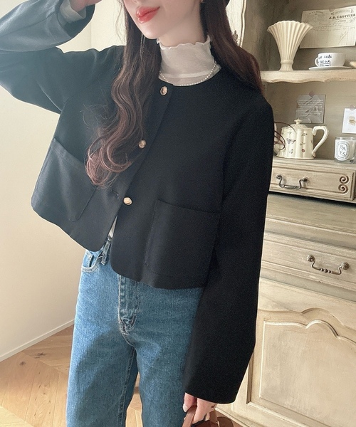「Meiru」 ノーカラージャケット LARGE ネイビー レディース_画像3