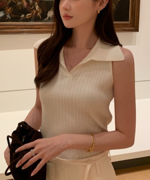 リブニットポロノースリーブトップス レディース : ZOZOTOWN Yahoo!店