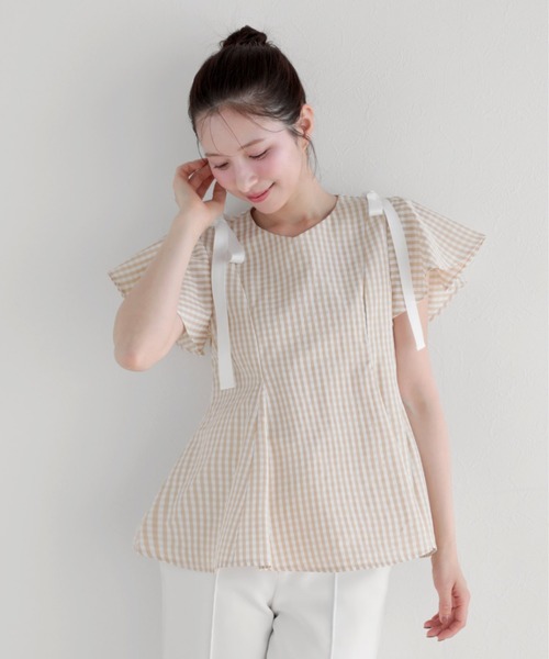 新作未使用タグ付きfitmoreショルダーリボンギンガムAライントップス完売 Fit more（フィットモア） ショルダーリボンギンガムAライントップス