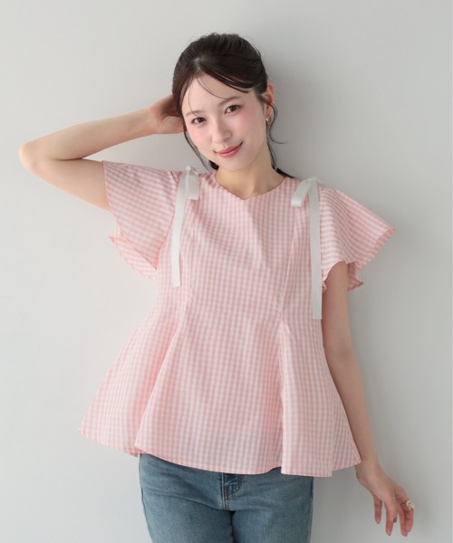 新作未使用タグ付きfitmoreショルダーリボンギンガムAライントップス完売 Fit more（フィットモア） ショルダーリボンギンガムAライントップス