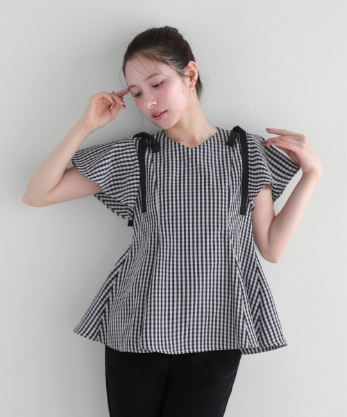 新作未使用タグ付きfitmoreショルダーリボンギンガムAライントップス完売 Fit more（フィットモア） ショルダーリボンギンガムAライントップス