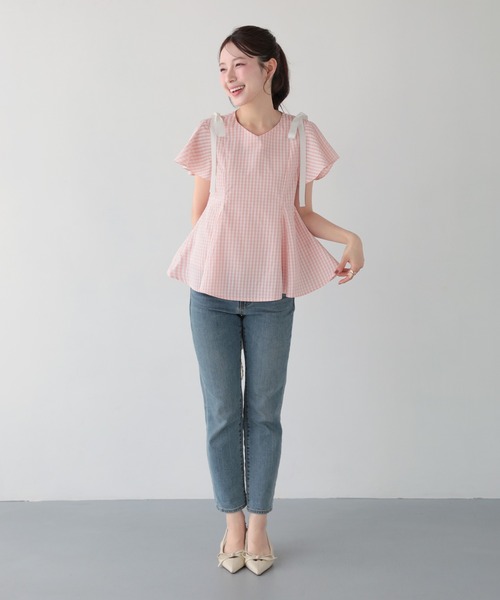 Fit more（フィットモア） ショルダーリボンギンガムAライントップス