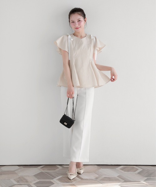 Fit more（フィットモア） ショルダーリボンギンガムAライントップス