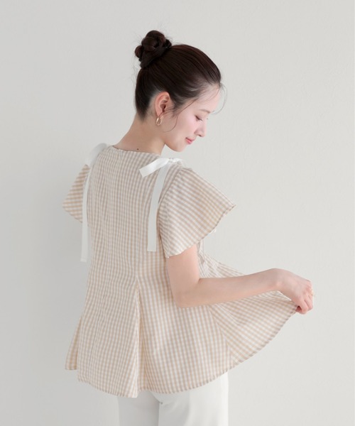 新作未使用タグ付きfitmoreショルダーリボンギンガムAライントップス完売 Fit more（フィットモア） ショルダーリボンギンガムAライントップス