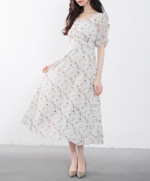 SAISON DE PAPILLON ワンピース 花柄ギャザースリーブミモレ丈