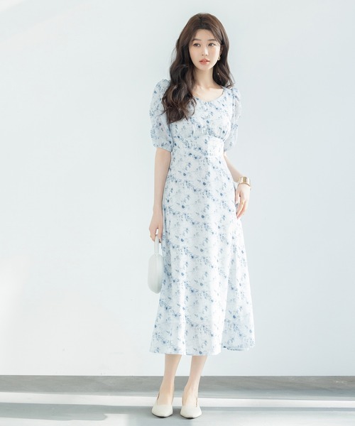 SAISON DE PAPILLON ワンピース 花柄ギャザースリーブミモレ丈