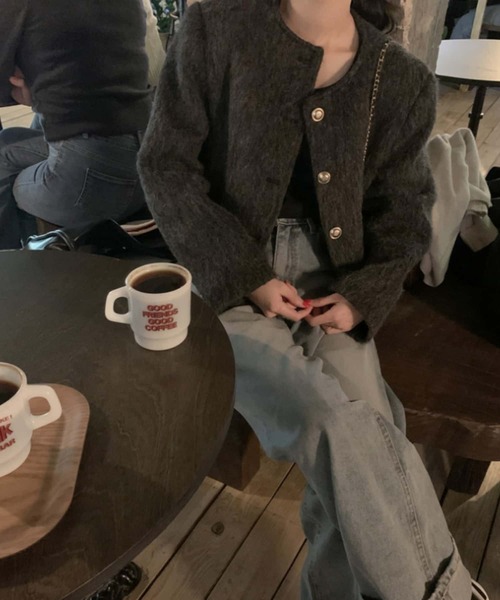 ノーカラージャケット ベージュ ファー付き セール】 ノーカラーファー ジャケット （ノーカラージャケット