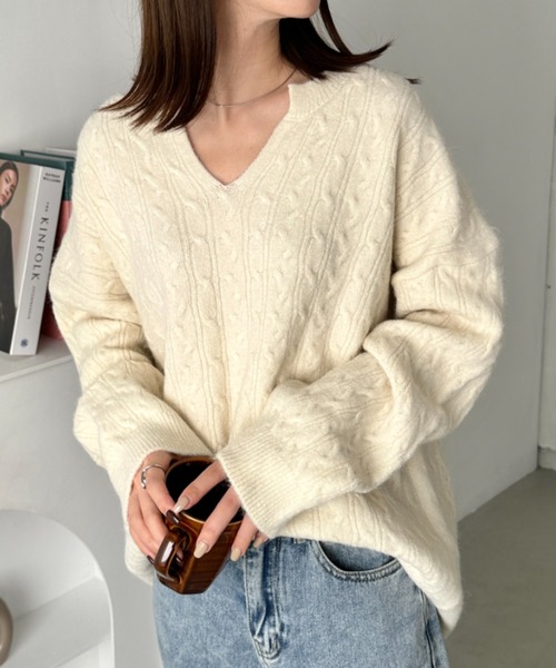 ケーブル編み Vネックニット きれいめ miniministore ケーブル編み Vネックニット きれいめ