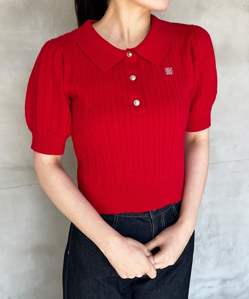 ほぼ未使用　45R 薄手ニット　ロゴ刺繍　赤 楽天市場】大柄花刺繍ニットプルオーバー レディース トップス