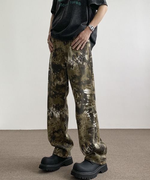 【100着限定完売】DALLカモ×蛇柄 バギーパンツ 極太シルエット 刺繍入り link lot ジーンズ ルーズシルエットスネークパターンワイドデニム