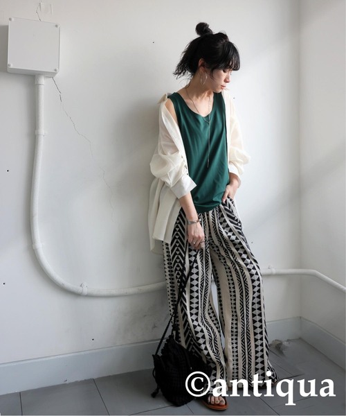 タンクトップ ノースリーブ コーデ3点セット 接触冷感タンクトップ シャツ 柄パンツ レディース antiqua タンクトップ ノースリーブ コーデ3点セット 接触冷感
