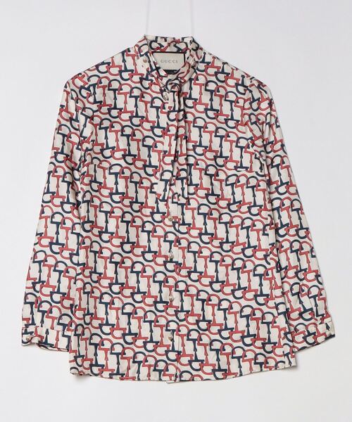 「GUCCI」 シルク ホースビット柄 長袖ブラウス - ベージュ レディース