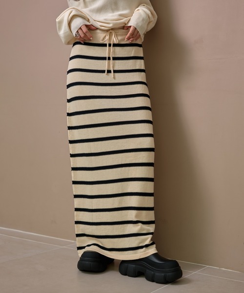 80s usa製 コットン100% ボーダー ストレートスカート hooked スカート border long knit skirt /配色ボーダーロングニットスカート