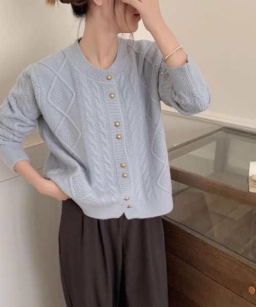 カーディガン クルーネックケーブル編みニットカーディガン レディース