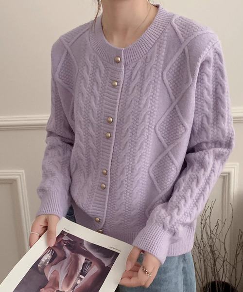 カーディガン クルーネックケーブル編みニットカーディガン レディース