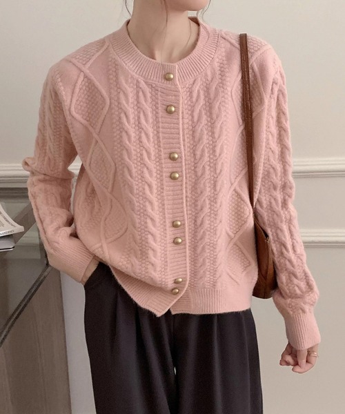 カーディガン クルーネックケーブル編みニットカーディガン レディース