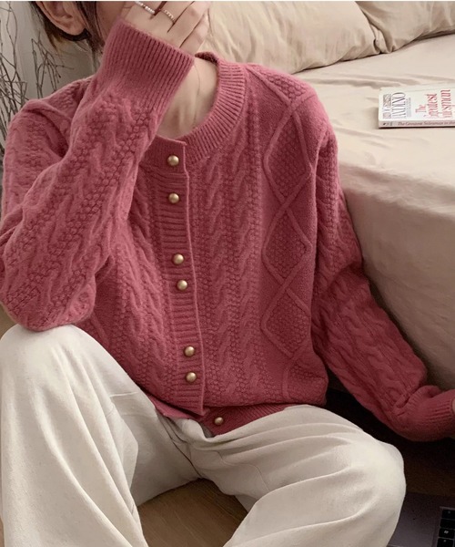 カーディガン クルーネックケーブル編みニットカーディガン レディース
