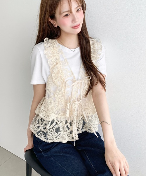 極美品 エイココンドウ 現行完売品 コットン刺繍フリルベスト 黒 ジレ 春夏服 moment+ ベスト ジレ コード刺繍フリルベスト レディース : ZOZOTOWN