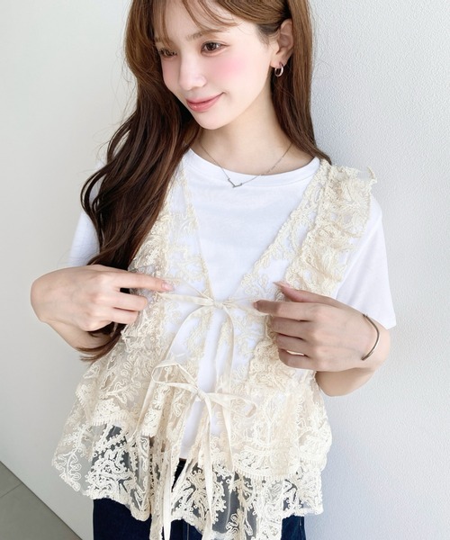 moment+ ベスト ジレ コード刺繍フリルベスト レディース : ZOZOTOWN