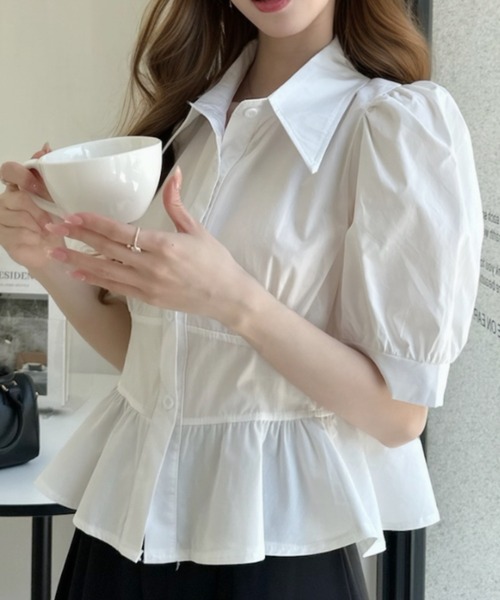 Ada. ブラウス シャツ 半袖 ビッグカラー パフスリーブ 裾フリル半袖