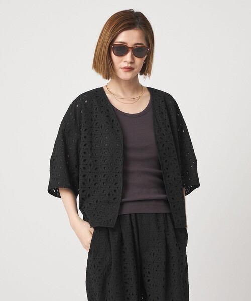 ジャケット ノーカラージャケット 「conte」エンブロイダリー  レース ジャケット レディースの画像