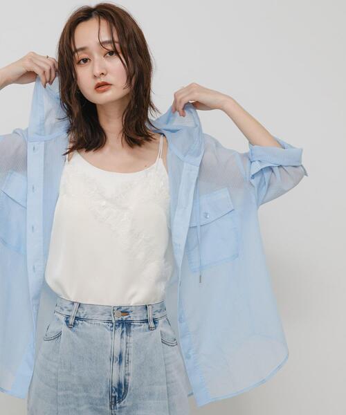 未使用PerverzeパーバーズBOTTON LINE SHIRTシアーシャツ白 セール】タイフロントシアーシャツ（シャツ/ブラウス）｜L LABEL