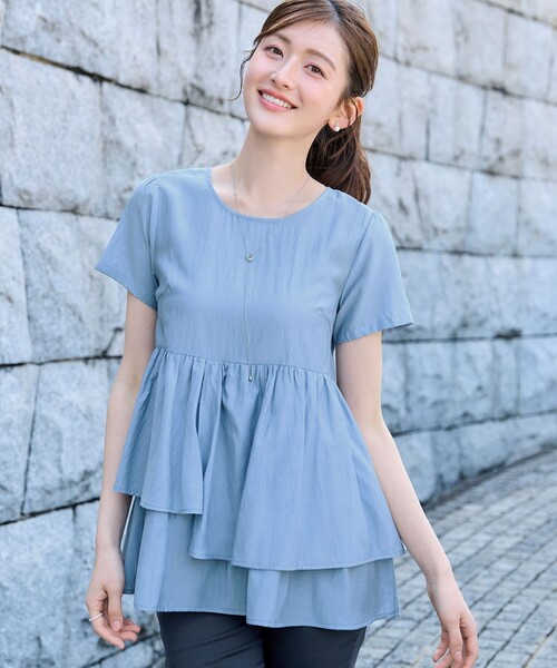 Tiaclasse tシャツ 半袖 麻調2段フレアチュニック レディース