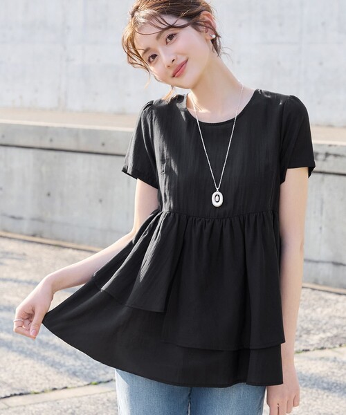Tiaclasse tシャツ 半袖 麻調2段フレアチュニック レディース