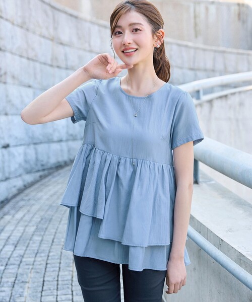 Tiaclasse tシャツ 半袖 麻調2段フレアチュニック レディース