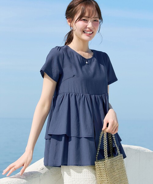 Tiaclasse tシャツ 半袖 麻調2段フレアチュニック レディース