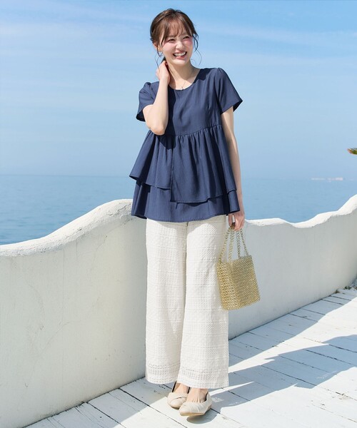 Tiaclasse tシャツ 半袖 麻調2段フレアチュニック レディース