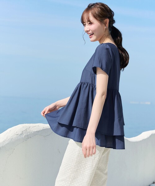 Tiaclasse tシャツ 半袖 麻調2段フレアチュニック レディース