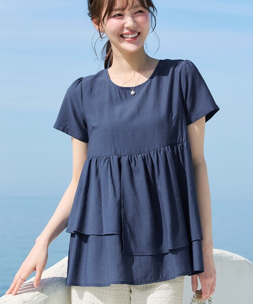 Tiaclasse tシャツ 半袖 麻調2段フレアチュニック レディース