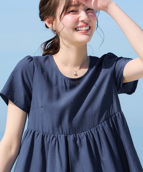 Tiaclasse tシャツ 半袖 麻調2段フレアチュニック レディース