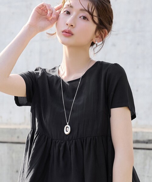Tiaclasse tシャツ 半袖 麻調2段フレアチュニック レディース