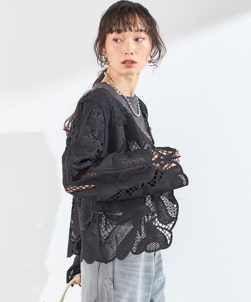 【極美品】ルネ スカラップレース ニットジャケット 36 M 半袖 春夏秋 黒 SHIPS Colors（シップスカラーズ） ジャケット ノーカラージャケット
