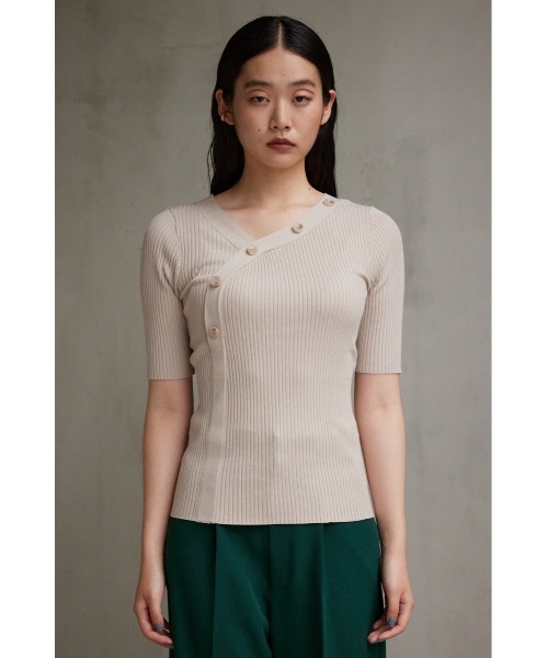 CABAN グリーン 五分袖ニット AZUL BY MOUSSY ニット セーター アシンメトリーボタン5分袖