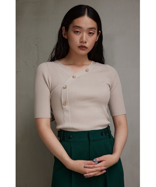 CABAN グリーン 五分袖ニット AZUL BY MOUSSY ニット セーター アシンメトリーボタン5分袖
