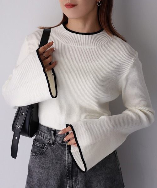 マメクロゴウチ 金継ぎ ハイネックニット フレアスリーブ 1 グレー Kintsugi” High Neck Knitted Top | Mame
