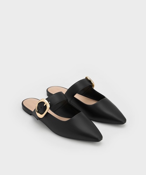ブラック フラットミュール 36 CHARLES ＆ KEITH（チャールズ&キース） サンダル ミュール バックル
